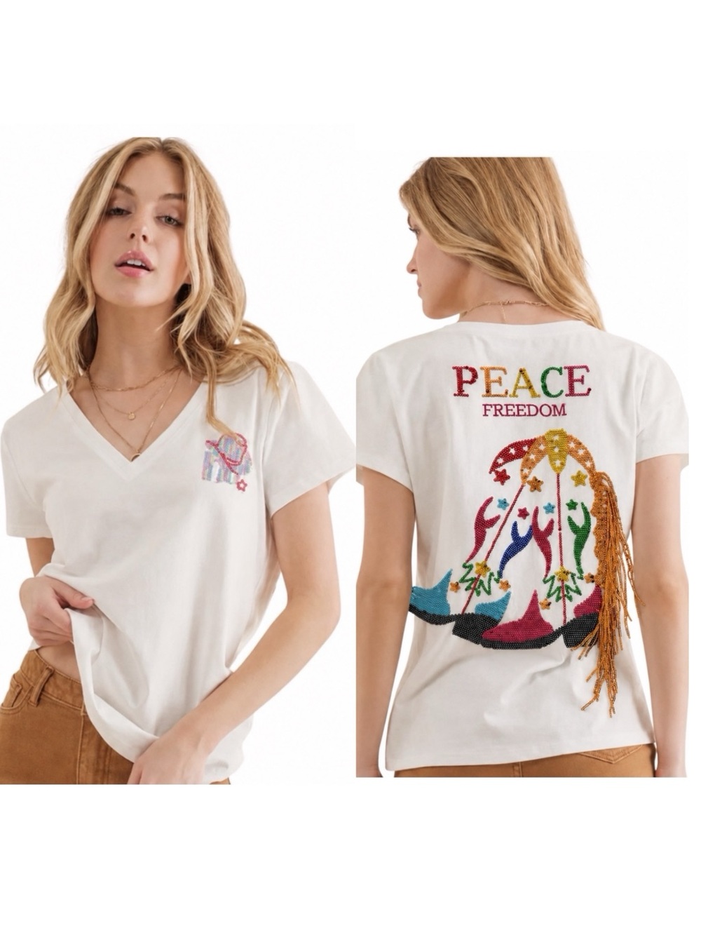 NEW blue b Peace Freedom Multicolor Sequin Fringe Cowboy Boot White T-shirt Tee